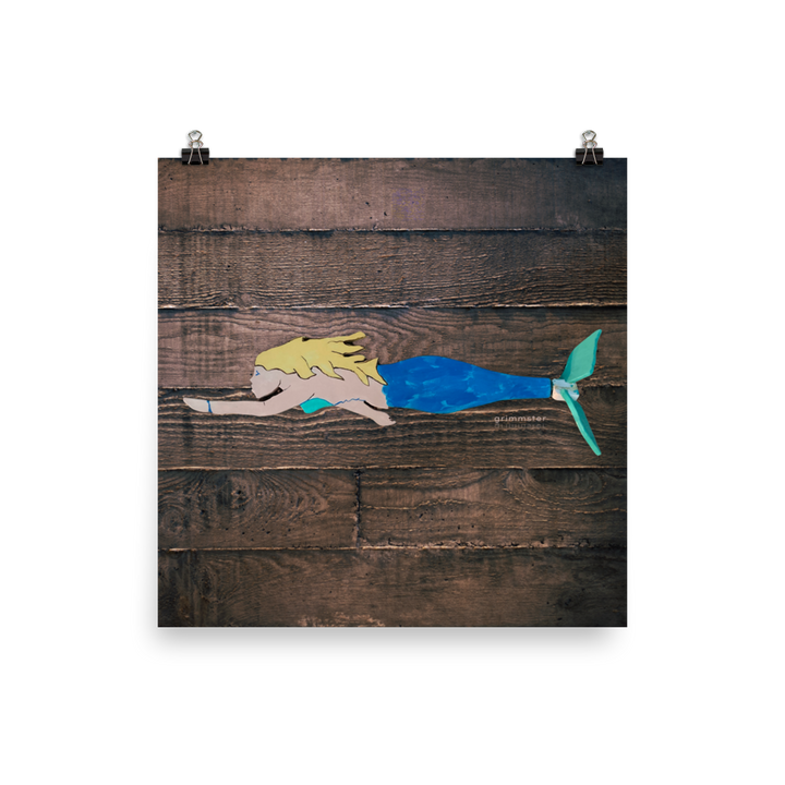 Mermaid Folk Art print on wood background - GRIMMSTER 