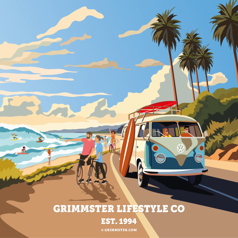 Grimmster Lifestyle Poster Art - VW Van at the Beach